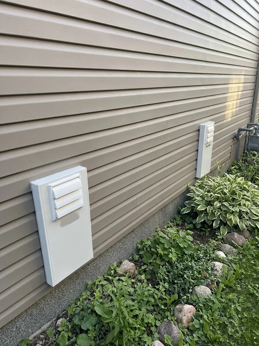 Exterior ventilation hoods on vinyl siding.