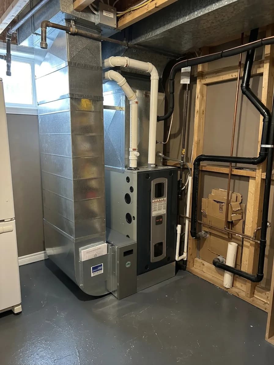 Basement furnace with neatly routed PVC venting.