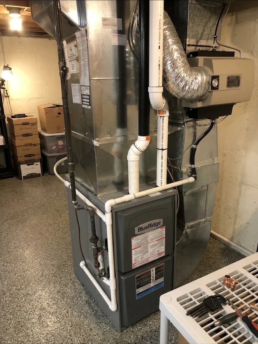 Whole-home bypass humidifier installed on a furnace with flex duct.