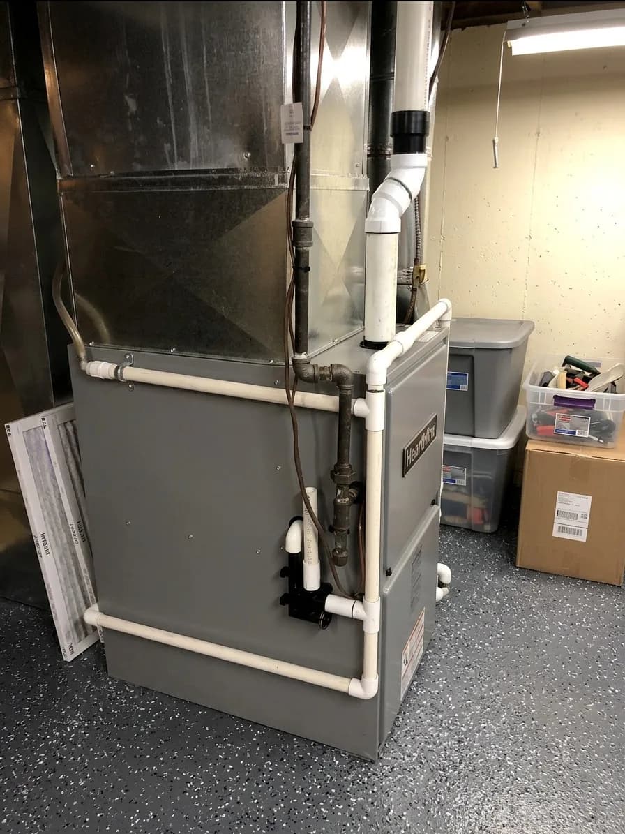 Gas furnace cabinet with clean PVC venting ready for an annual tune-up.