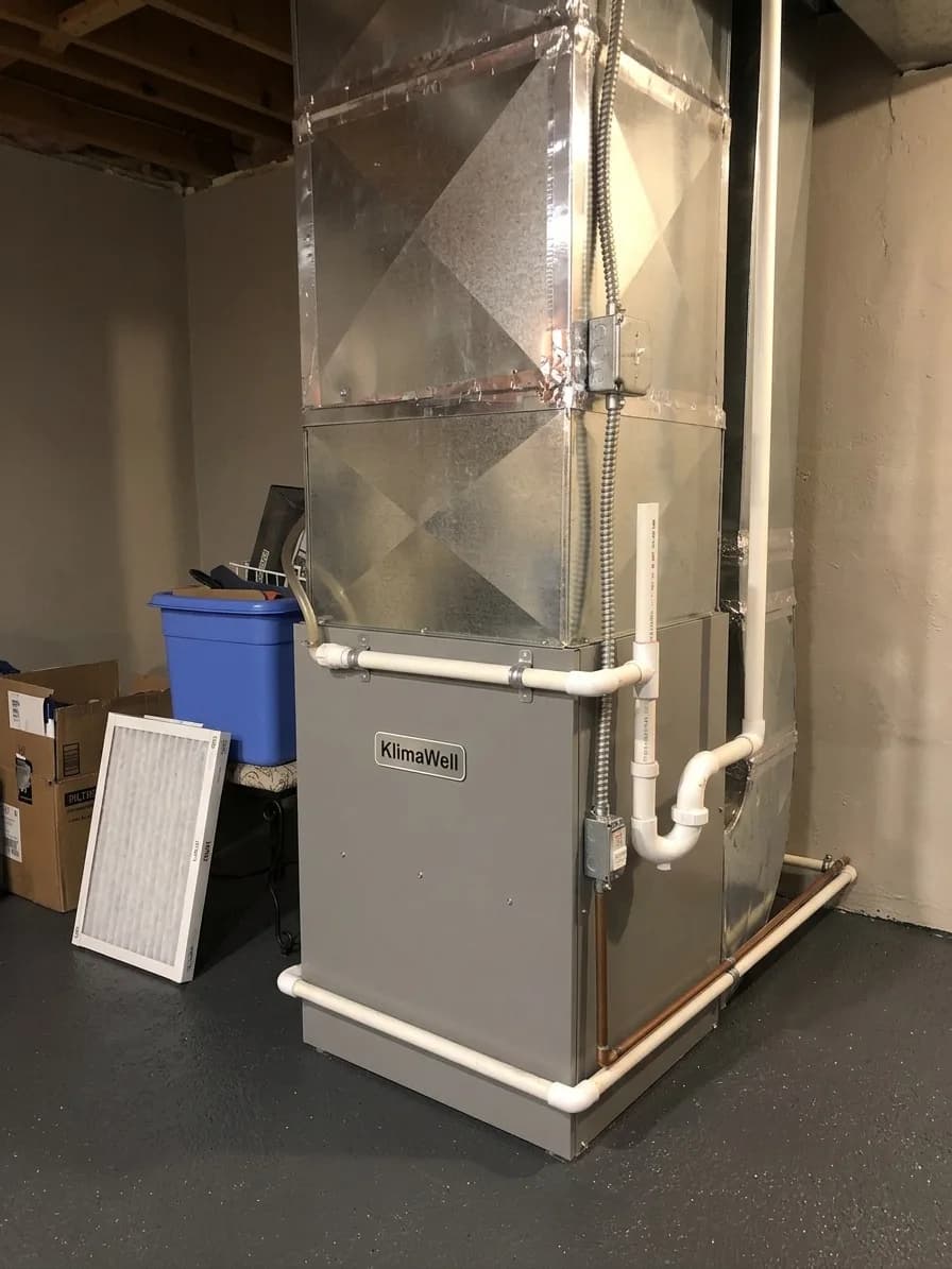Close-up of a furnace supply plenum during a residential repair visit.