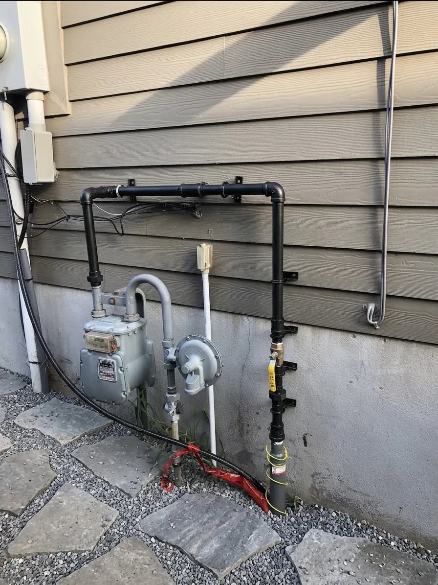 Exterior gas meter with neat piping.