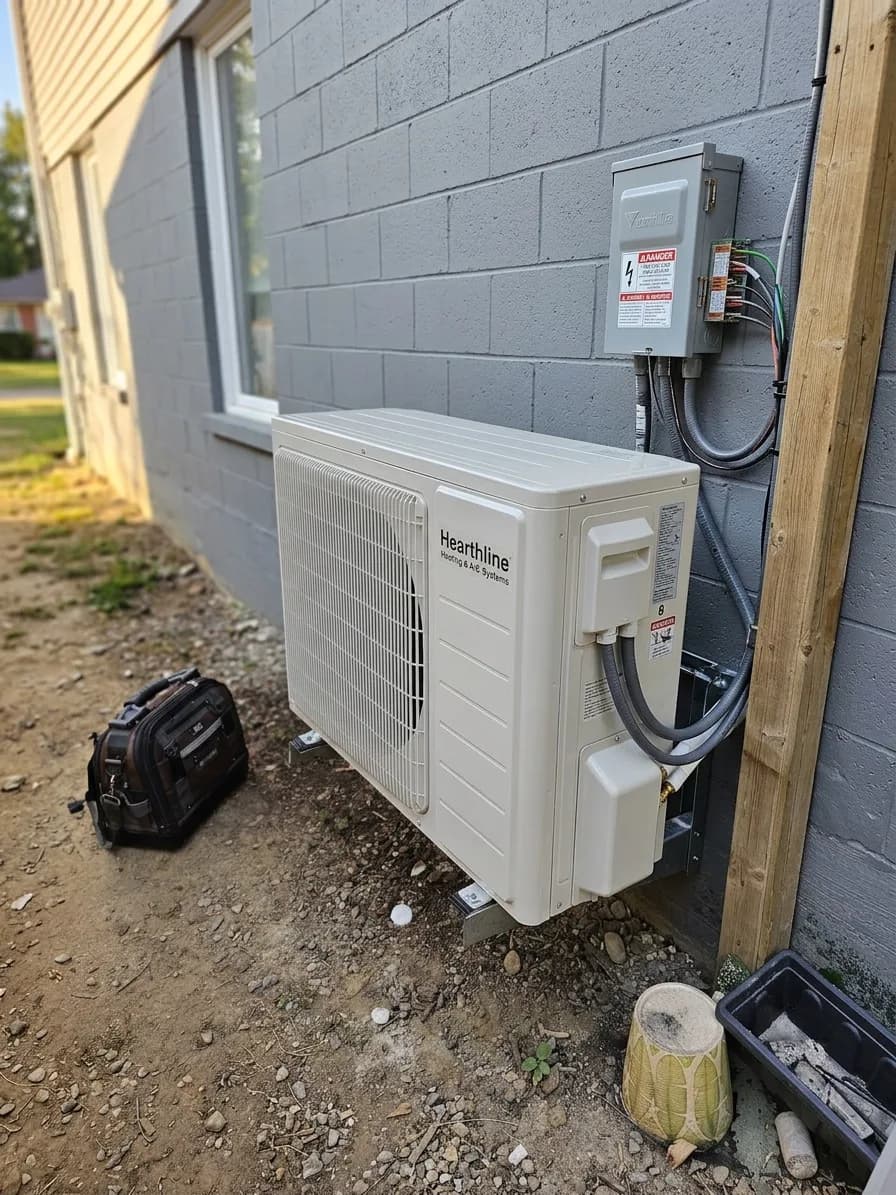 Outdoor heat pump installed beside a stone-clad exterior wall.