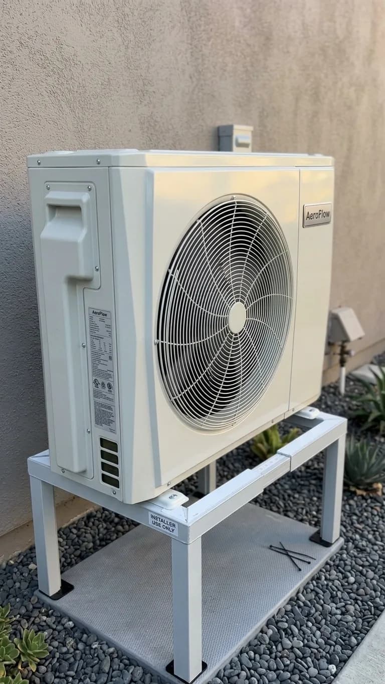 Wall-mounted outdoor heat pump against brick siding.