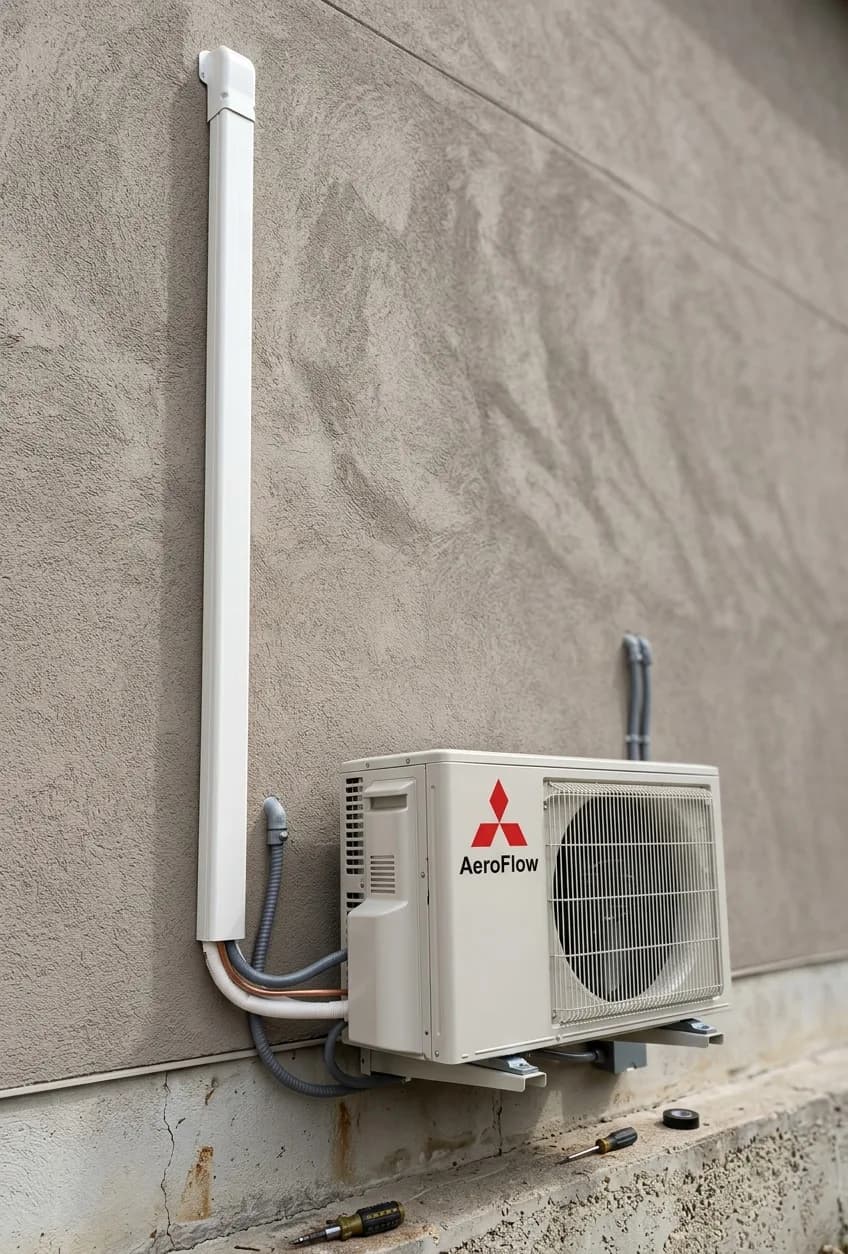 Outdoor mini-split condenser against red brick.