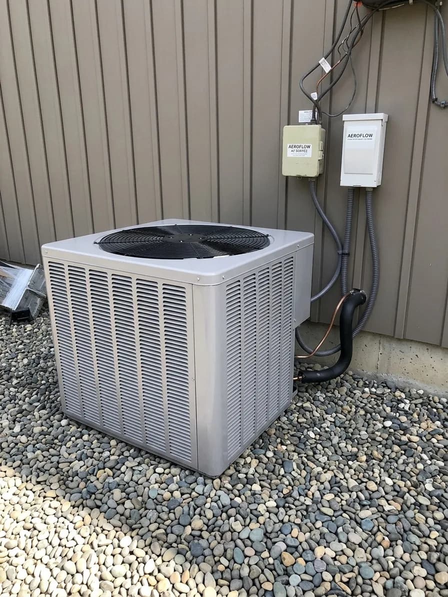 Outdoor AC condenser on a gravel pad.