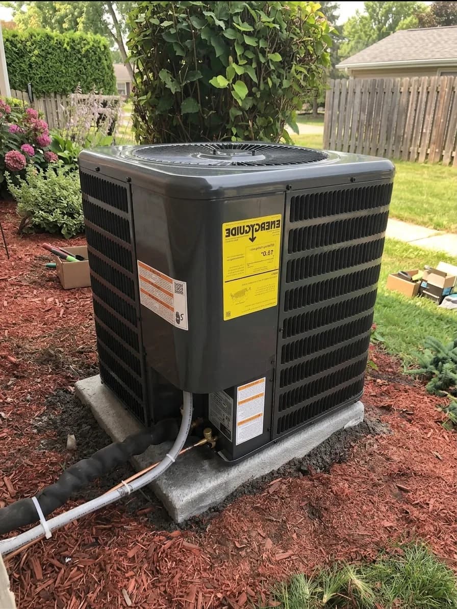 Outdoor AC condenser on a level pad set in a landscaped mulch bed.
