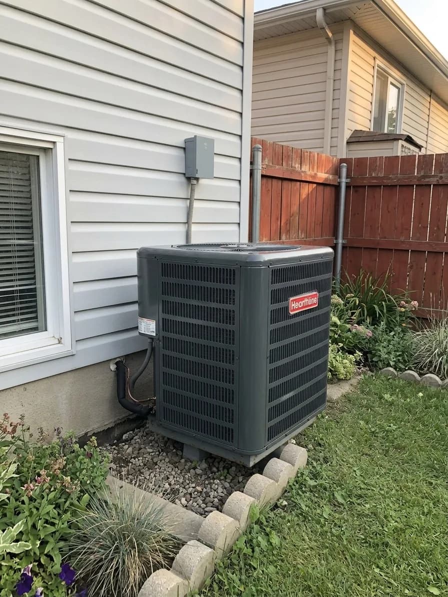 Replacement outdoor AC condenser installed alongside a residential fence.