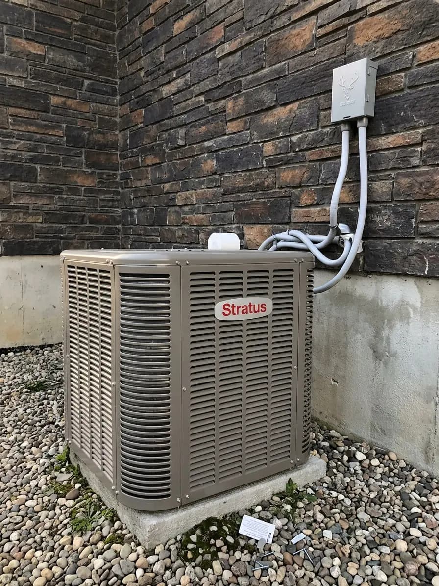 Outdoor air conditioning condenser installed against a stone wall.