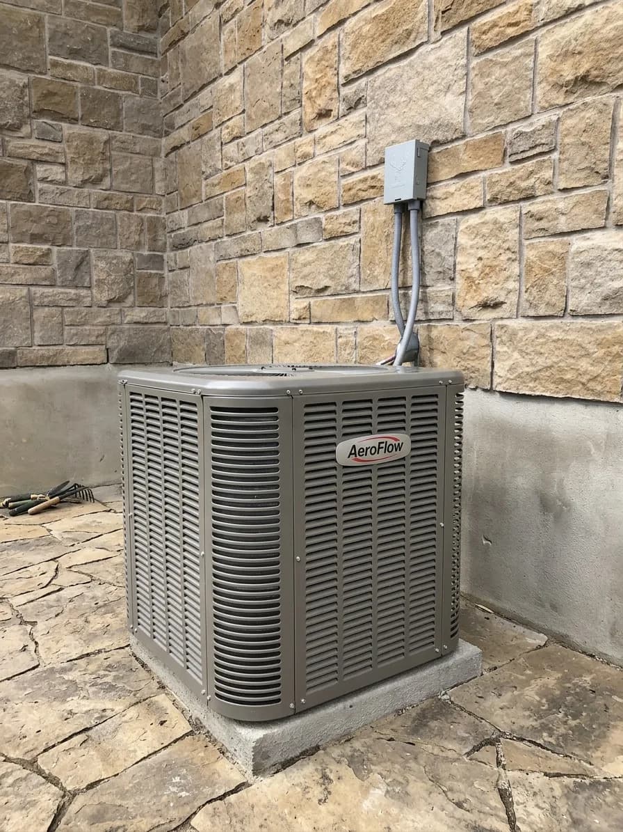 Outdoor AC condenser installed beside a textured stone wall.