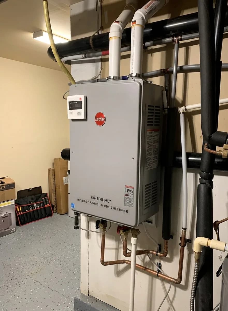Tankless water heater with copper and PVC supply lines.