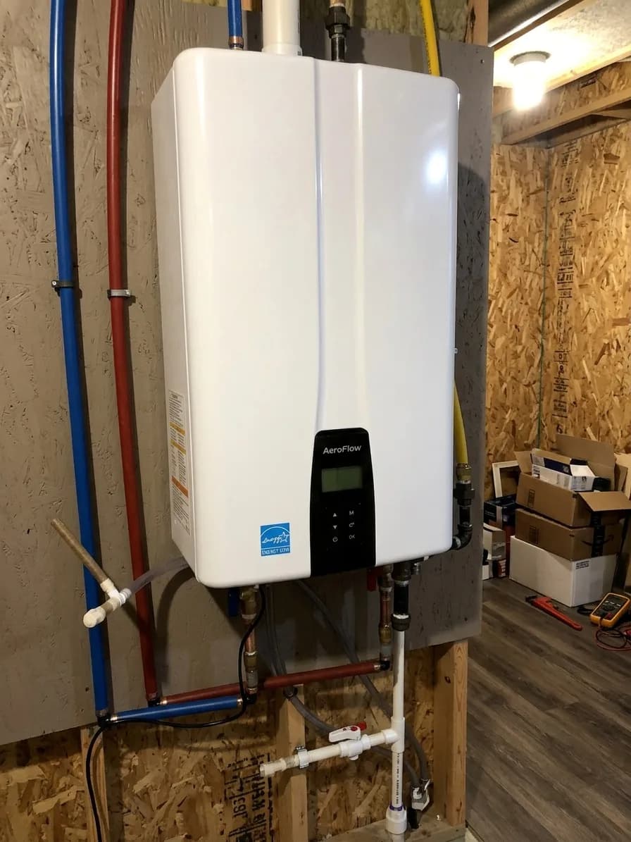 Wall-mounted tankless water heater with copper supply lines.